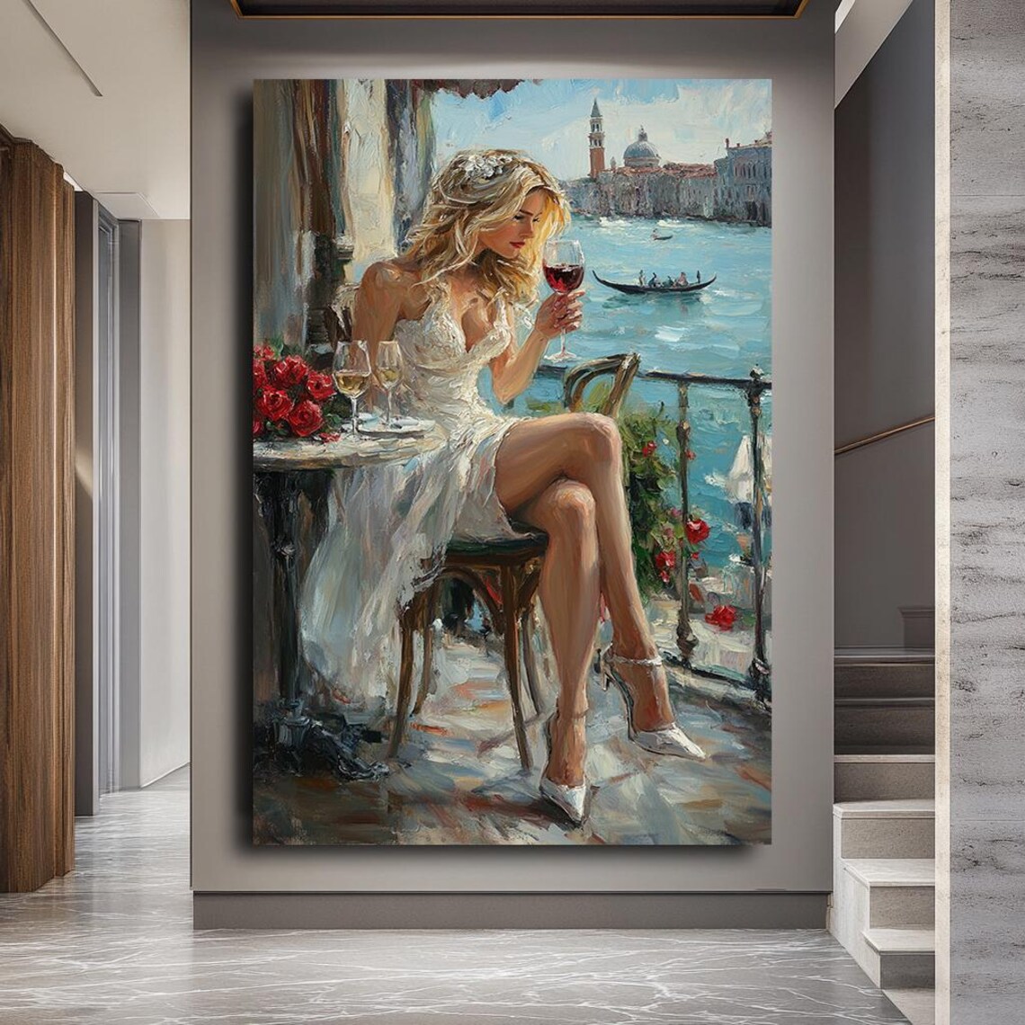 Woman Drinking Wine in Venice, Romantic Art Print - Image 3