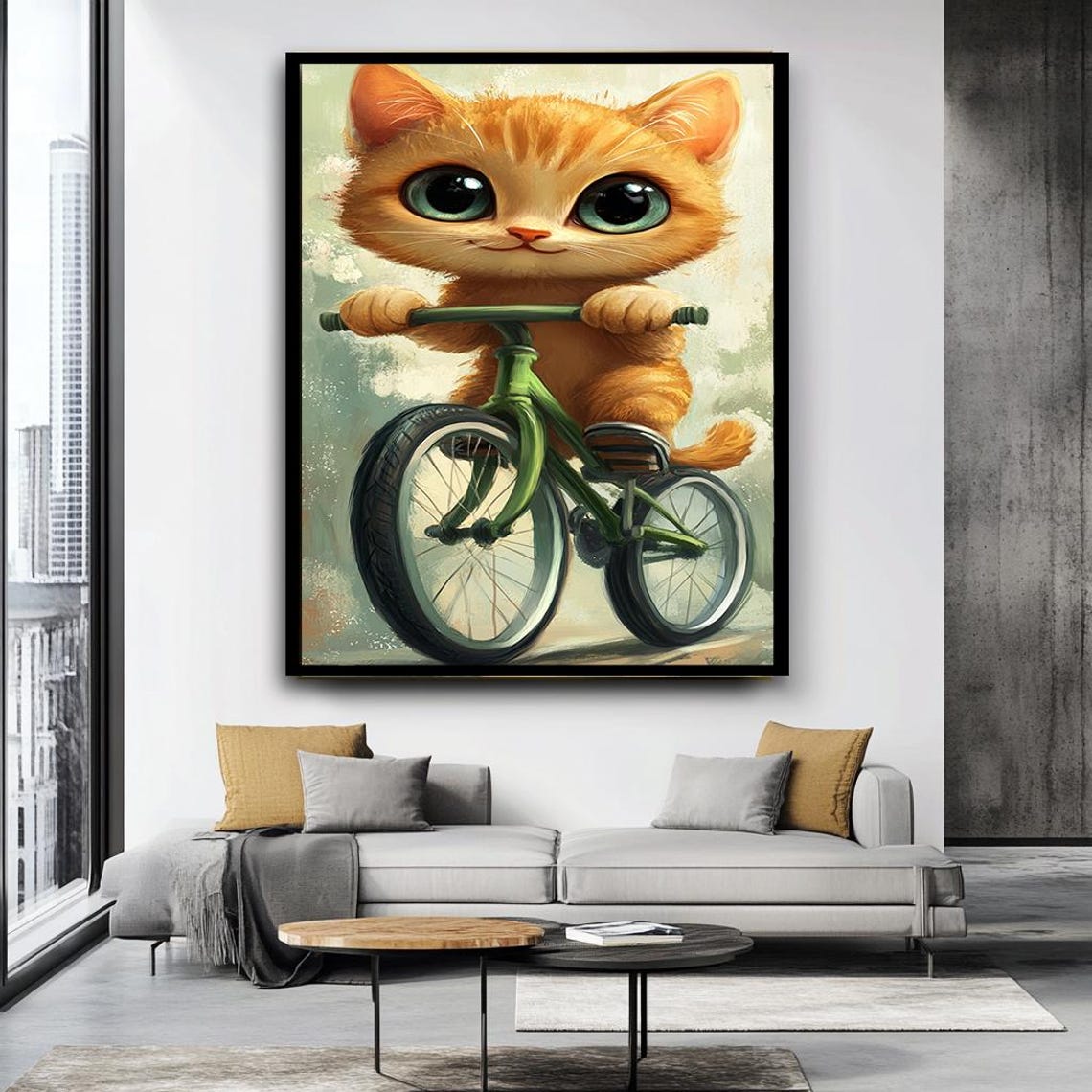 Cute Orange Kitten Riding Green Bicycle Whimsical Nursery Wall Art - Image 4