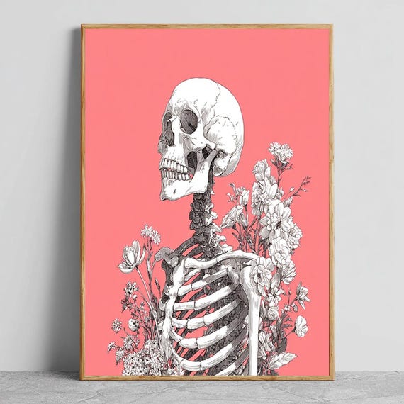 Skeleton And Flowers Wall Art Gothic Botanical Skull Illustration On Pink Background Dark Academia Print For Home Decor