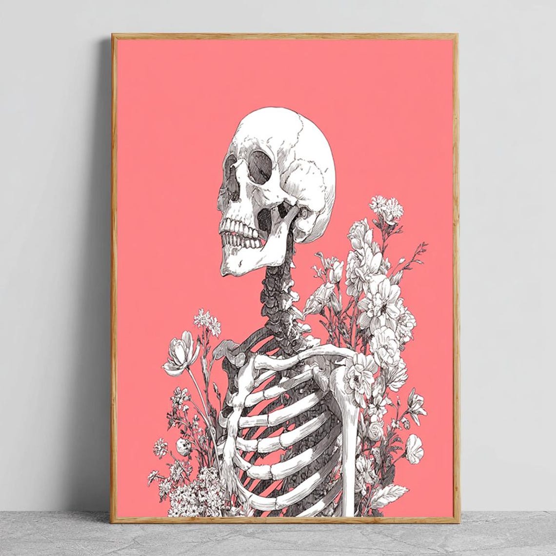 Skeleton And Flowers Wall Art Gothic Botanical Skull Illustration On Pink Background Dark Academia Print For Home Decor