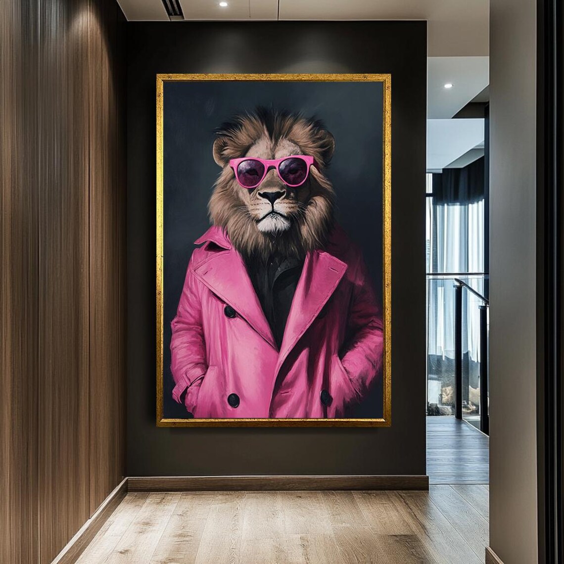 Cool Lion in Pink Jacket, Modern Pop Art Print