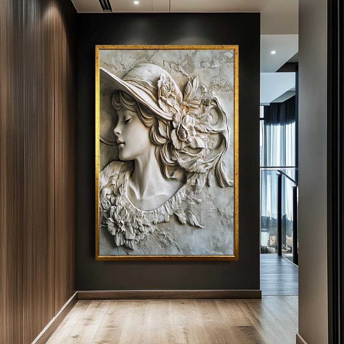 Elegant Woman Floral Hat 3D Stone Relief Cream Vintage Wall Art - Image 2