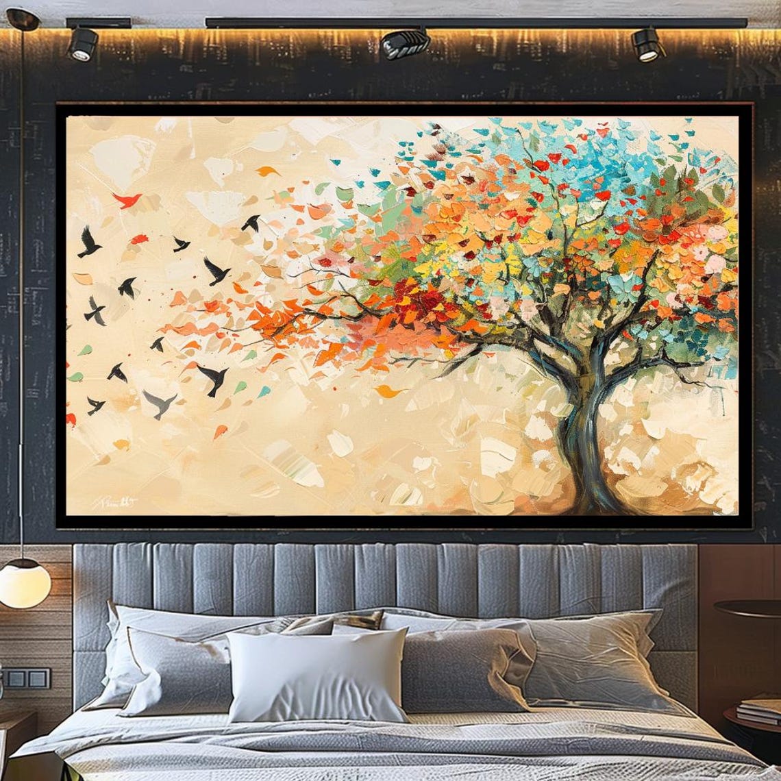 Colorful Autumn Tree Falling Leaves Birds Flying Nature Art Poster - Image 5