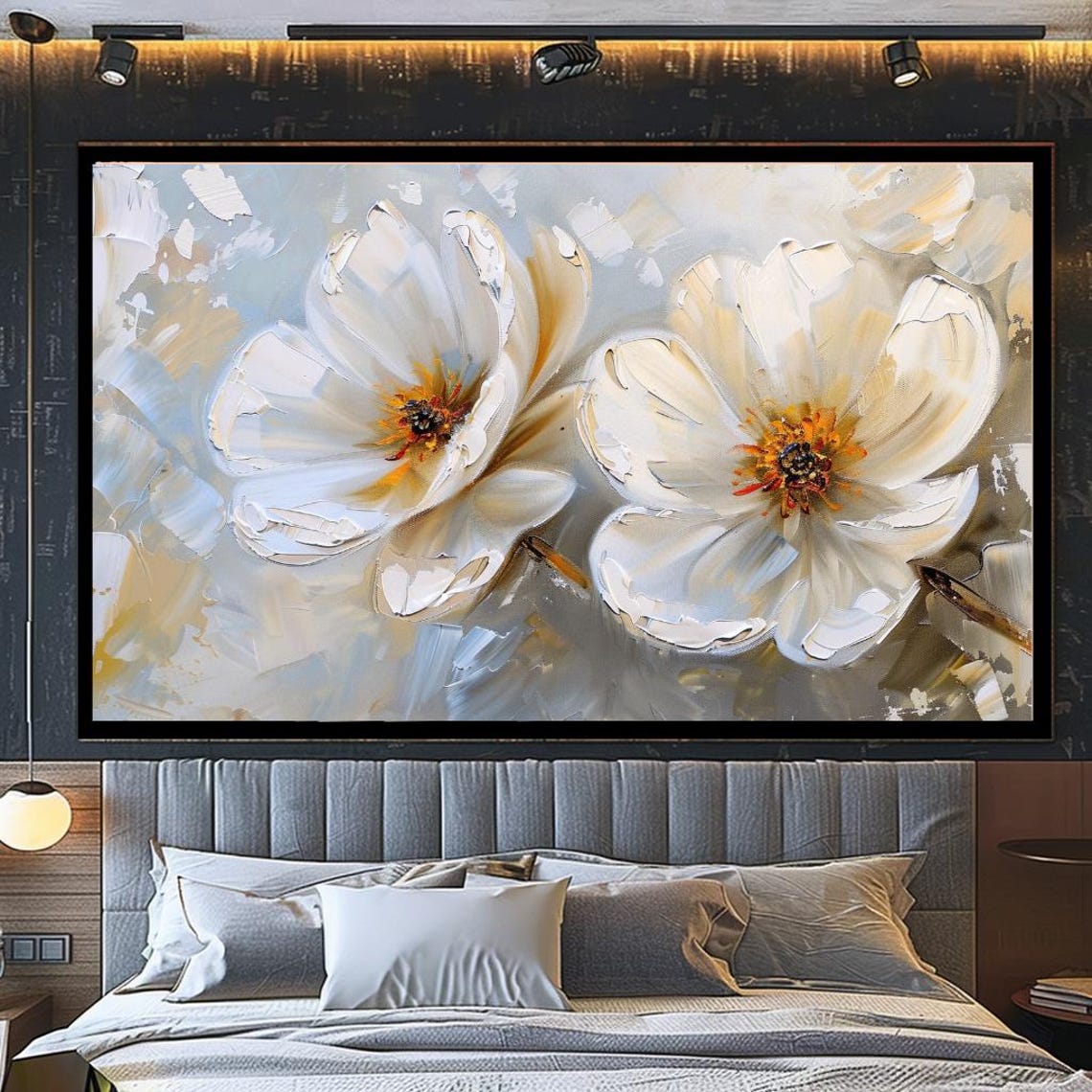 Large White Flowers Oil Painting Neutral Elegant Botanical Wall Poster - Image 3