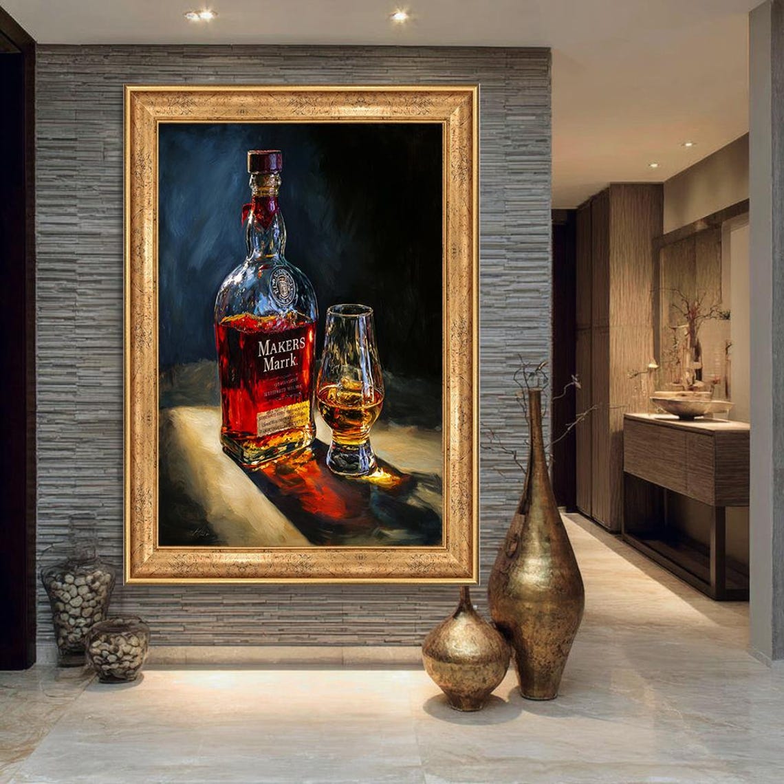 Makers Mark Bourbon Whiskey Bottle And Glass Oil Painting Poster