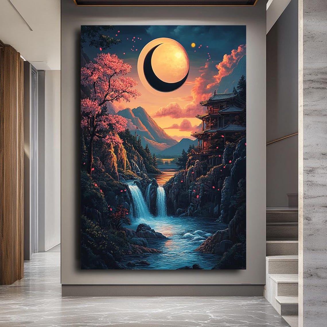 Japanese Moonlit Waterfall Cherry Blossom Pagoda Cliff Sunset Poster - Image 4