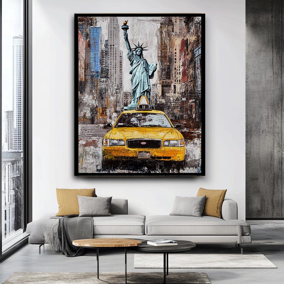New York City Taxi And Statue Of Liberty Wall Art Urban Nyc Iconic Yellow Cab Painting Modern Cityscape Decor New York Artwork - Image 2
