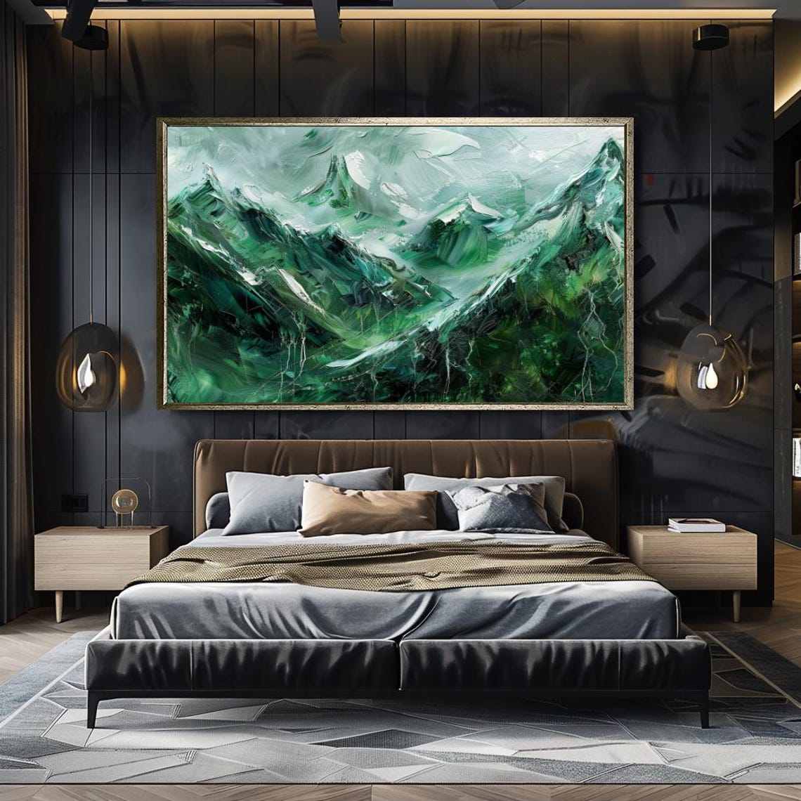 Emerald Green Abstract Mountain Peaks Textured Landscape Print