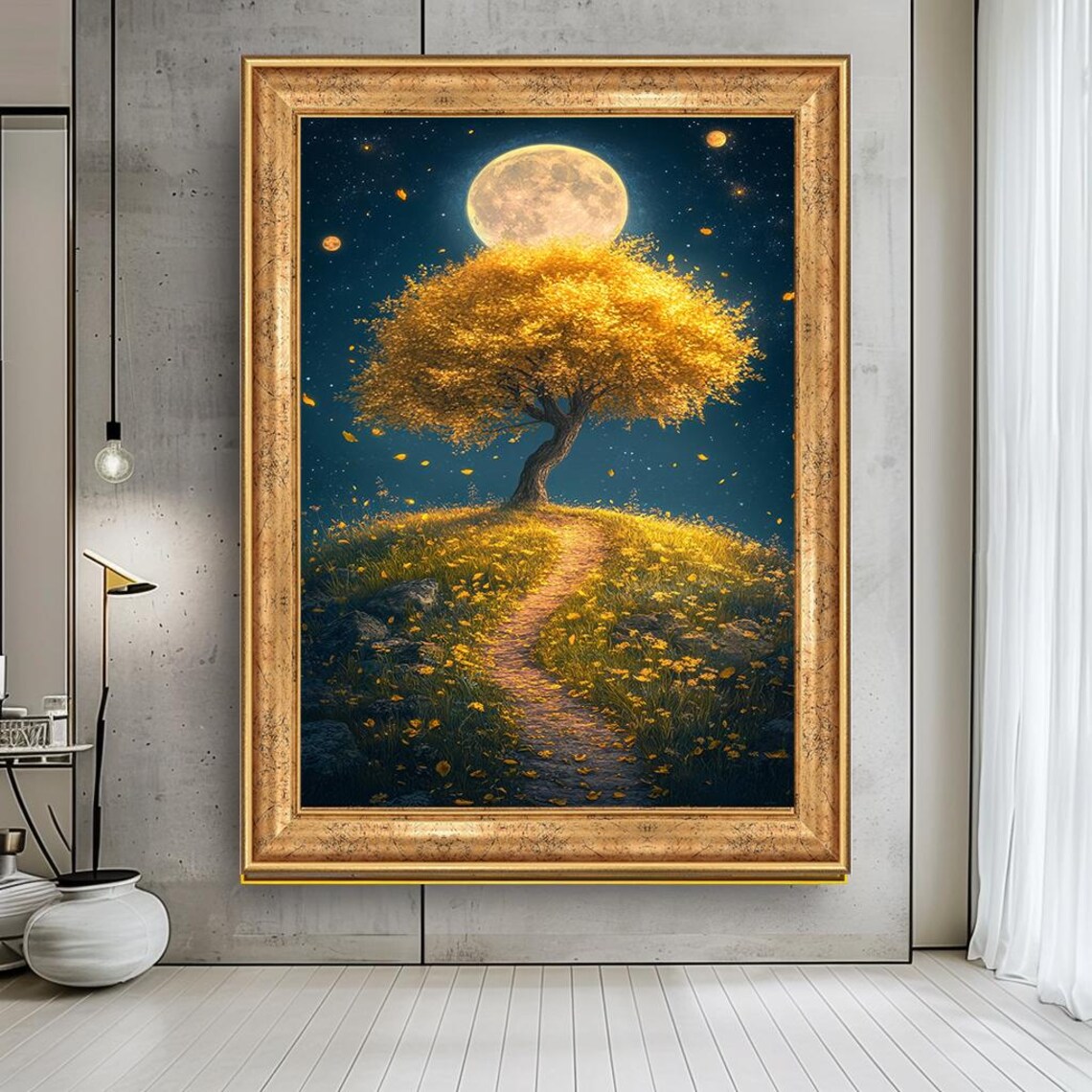 Golden Tree Under Full Moon Fantasy Landscape Art Print