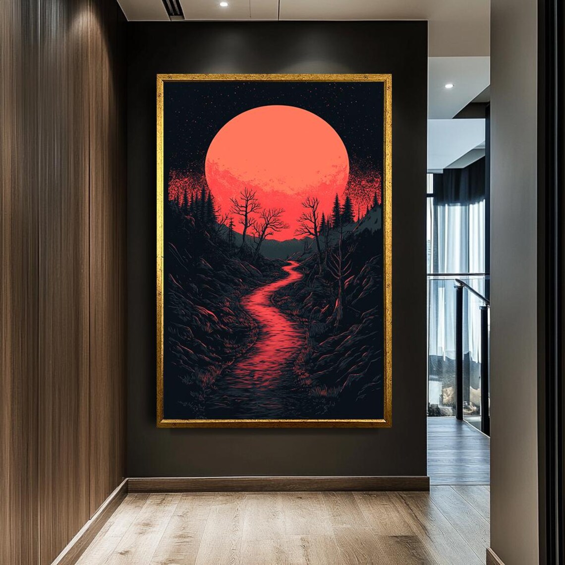 Red Moon River Wall Art Surreal Landscape Print Dark Fantasy Night Scene Mystical Forest Path Artwork Unique Gothic Nature Decor - Image 2