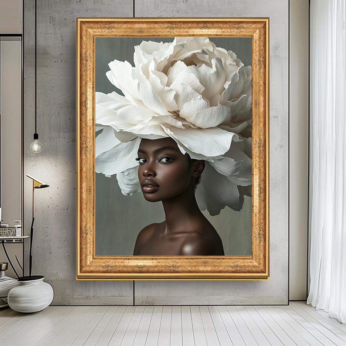 Woman White Peony Flower Headpiece Elegant Floral Art Poster