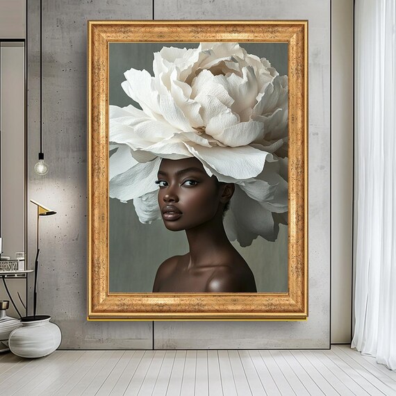 Woman White Peony Flower Headpiece Elegant Floral Art Poster