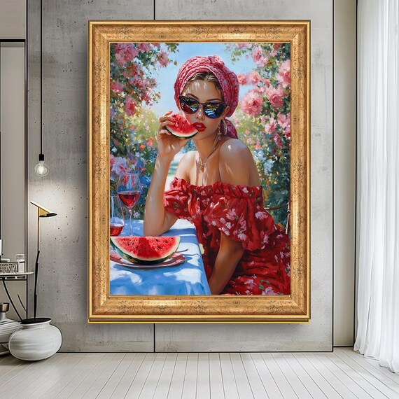 Glamorous Lady Red Dress Watermelon Summer Garden Fashion Poster