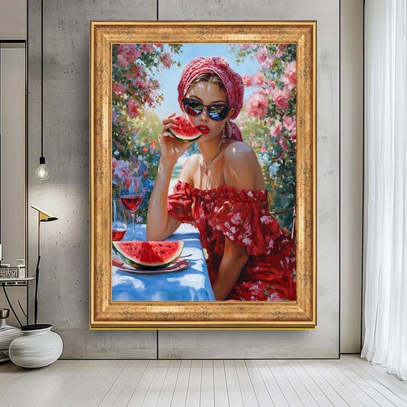 Summer Woman With Watermelon Art Vibrant Garden Scene Fashion Wall Decor Large Modern Art Glamorous Lady In Red Wall Art