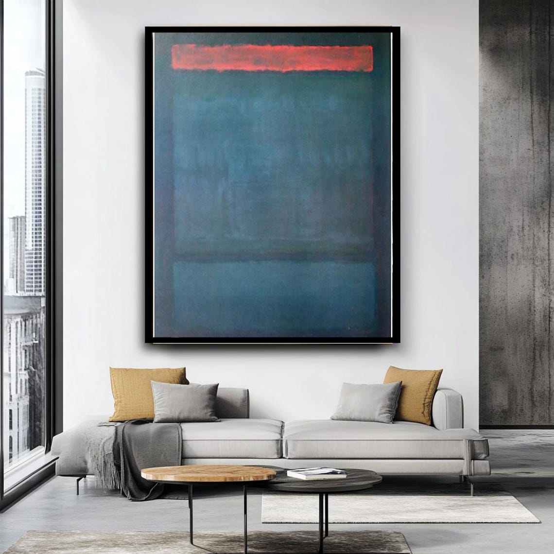 Teal Abstract With Red Band Rothko Style Minimalist Dark Wall Art - Image 4