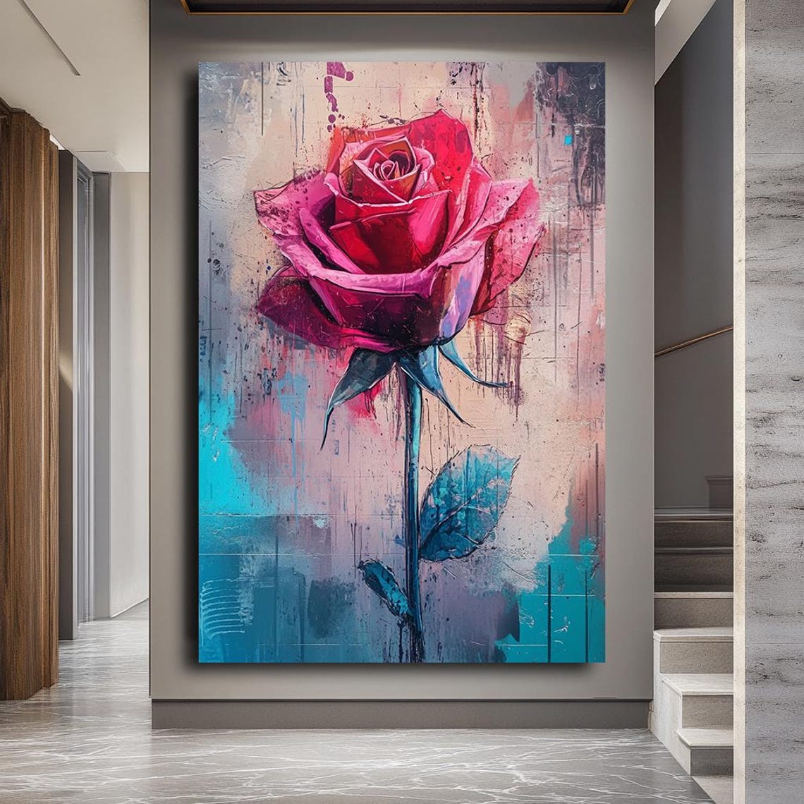 Red Rose Bloom Abstract Floral Painting Turquoise Drip Wall Art - Image 3