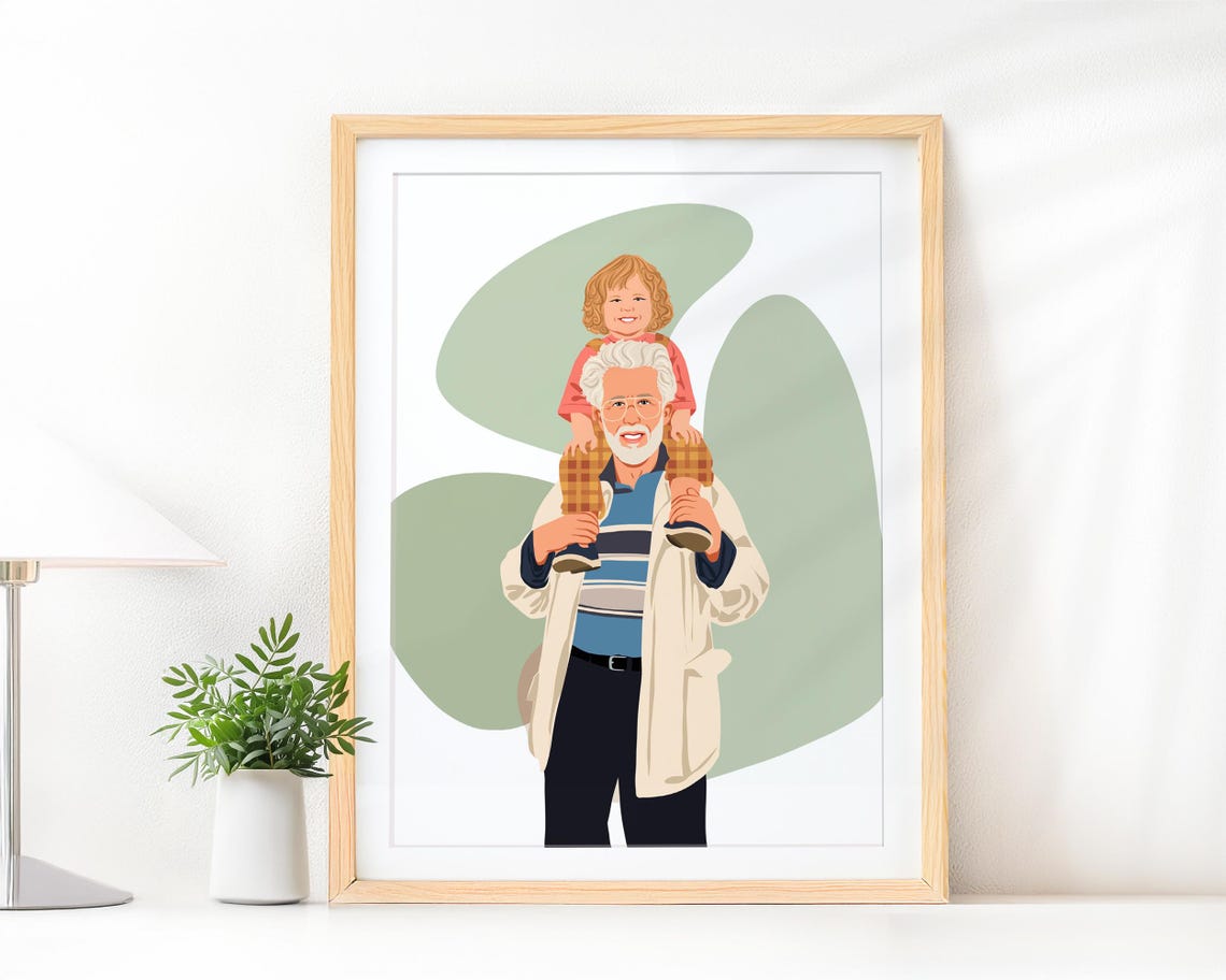 Grandpa Carrying Child on Shoulders Faceless Portrait Illustration Poster