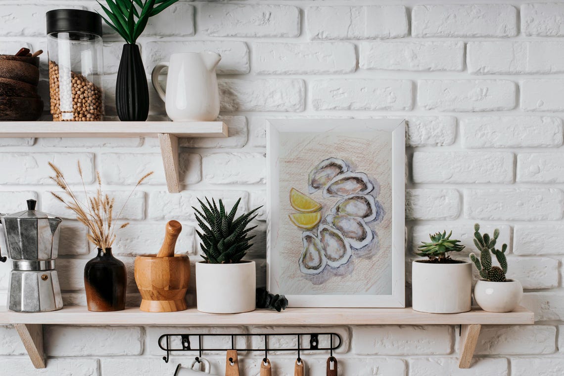 Fresh Oysters With Lemon Wedges Watercolor Kitchen Art Poster - Image 2