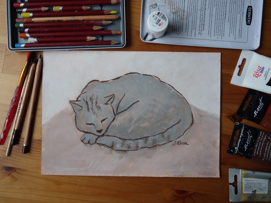 Sleeping Gray Cat Curled Up Cozy Minimalist Neutral Wall Poster - Image 3