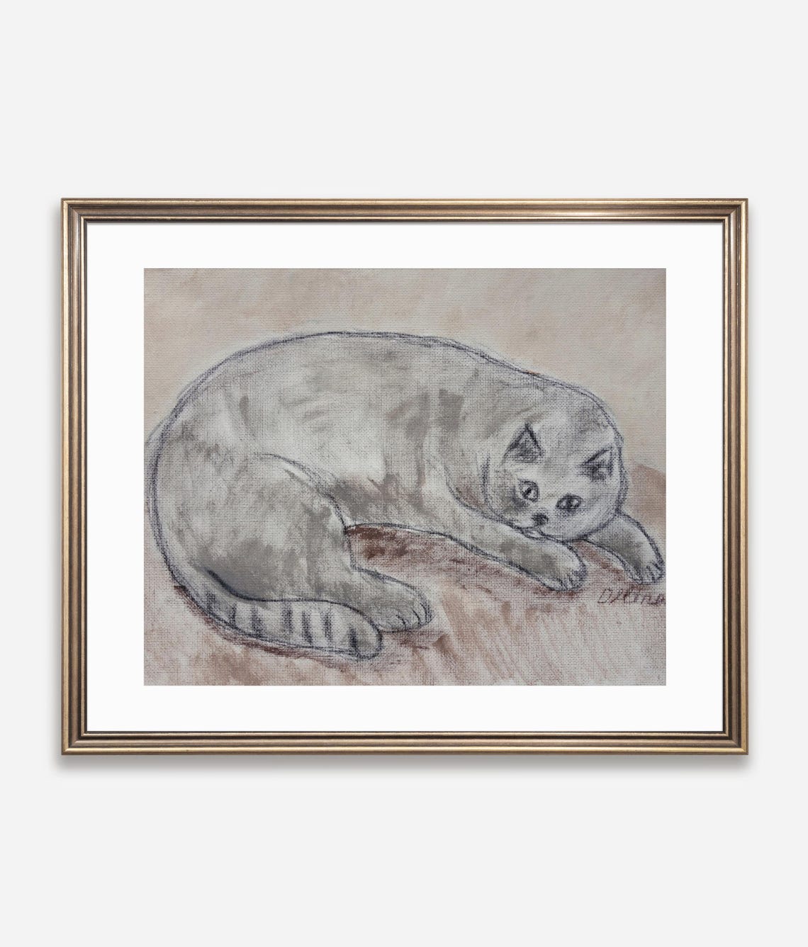 Gray Cat Resting Watercolor Sketch Minimalist Neutral Wall Poster - Image 2