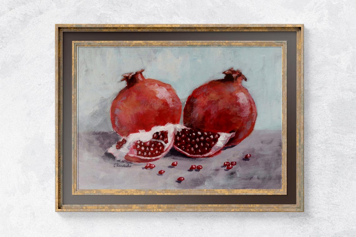 Two Ripe Pomegranates With Open Ruby Seeds Still Life Art Poster - Image 3