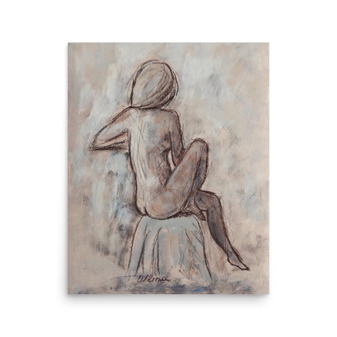 Seated Woman Figure Charcoal Life Drawing Study Neutral Poster - Image 3