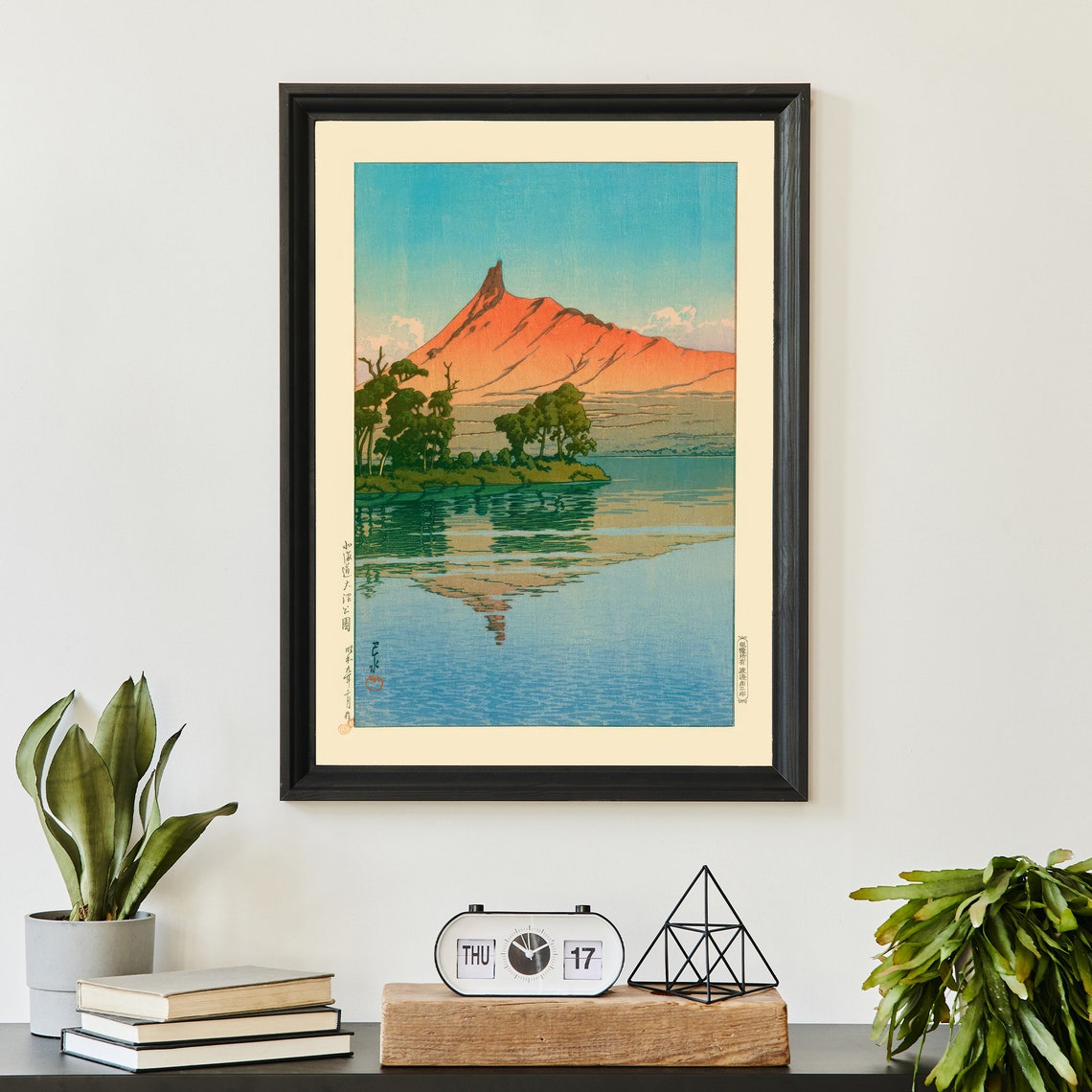 Japanese Red Mountain Lake Reflection Woodblock Style Dawn Poster - Image 3