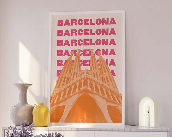 Barcelona Travel Print Art Pink Orange Barcelona Spain Travel Exhibition Print Cute Trendy Wall Art