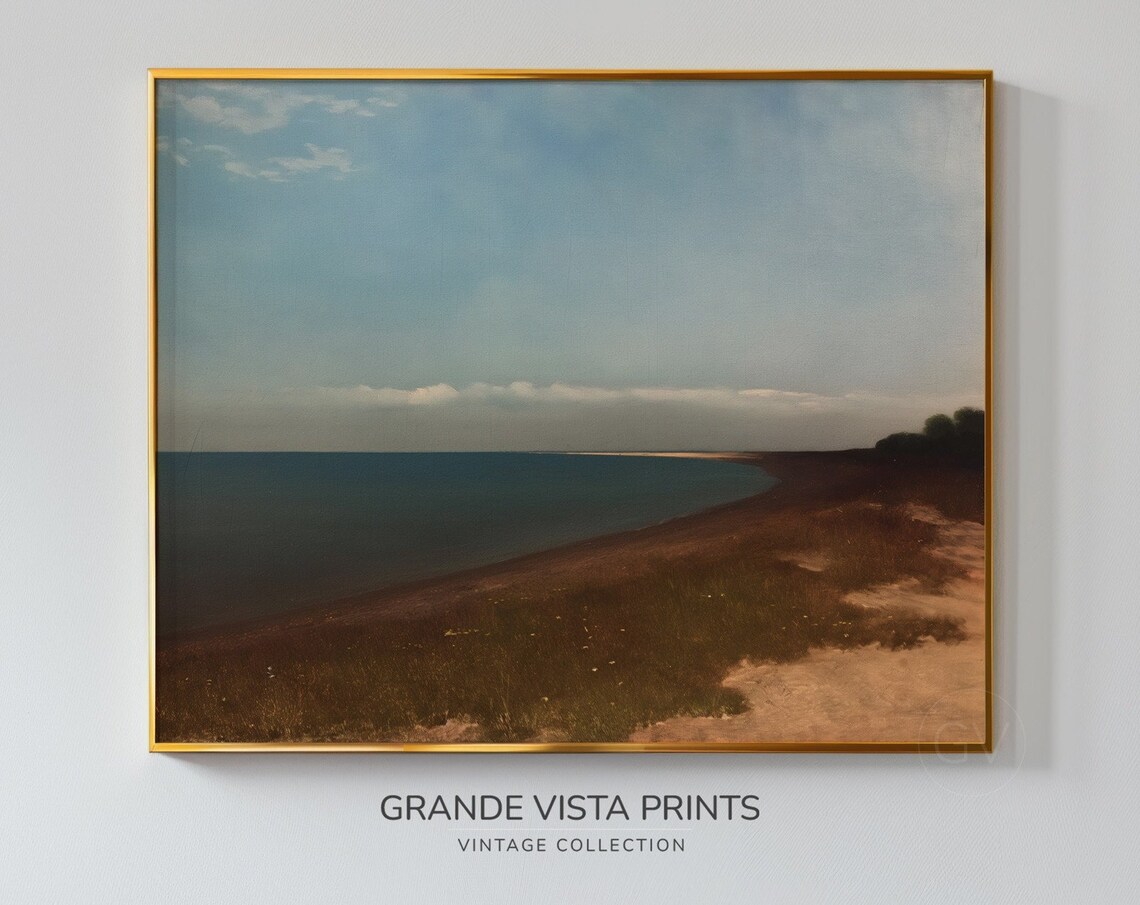 Coastal Meadow Green Sea Pale Blue Sky Vintage Landscape Wall Poster
