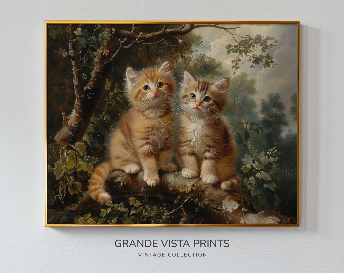 Two Kittens On Tree Branch Vintage Cute Cat Painting Animal Wall Art Poster