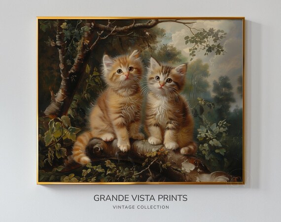 Two Kittens On Tree Branch Vintage Cute Cat Painting Animal Wall Art Poster