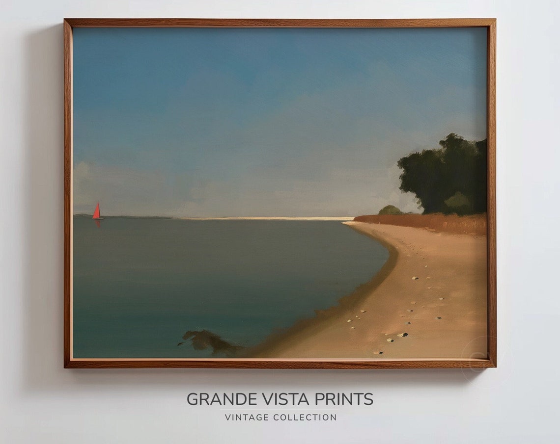 Sandy Beach Red Sailboat Calm Blue Sea Trees Coastal Travel Poster