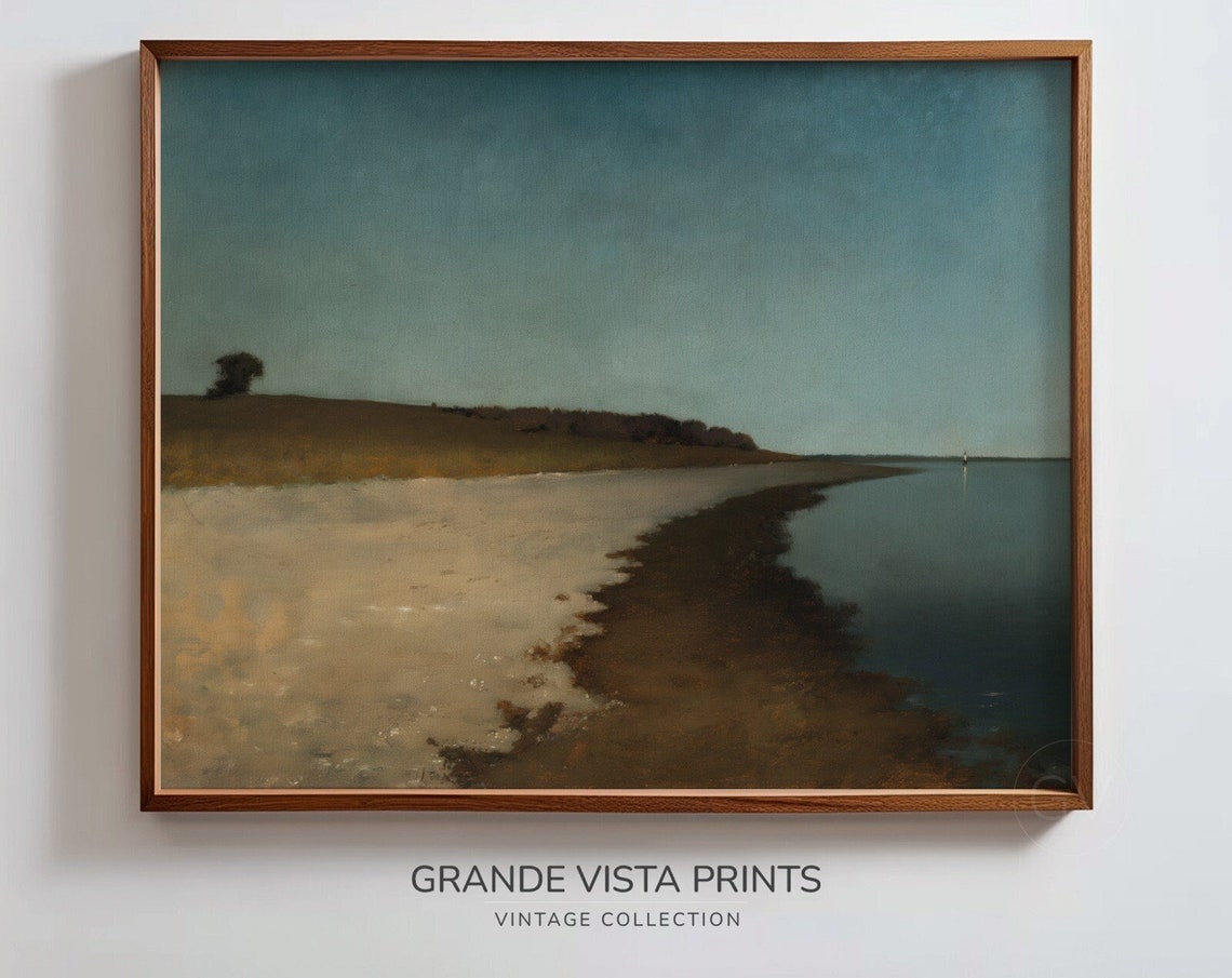 Quiet Vintage Beach Dune Grass Lone Tree Teal Sky Coastal Wall Poster