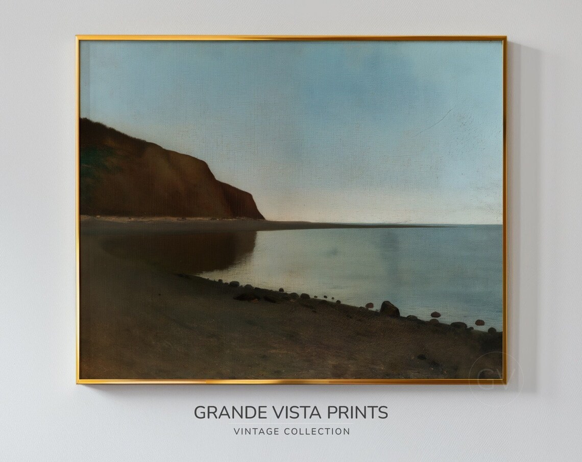 Dark Rocky Cliff Coast Calm Sea Pale Sky Moody Vintage Travel Poster