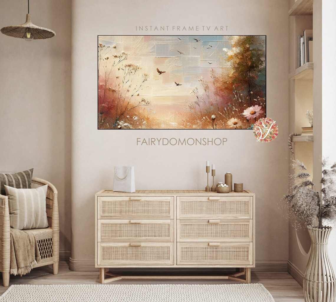 Sunset Field Birds Grasses Pink Flowers Abstract Oil Painting Poster - Image 3