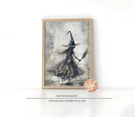 Vintage Witch Broom Watercolor Poster Spooky Halloween Gothic Decor Art