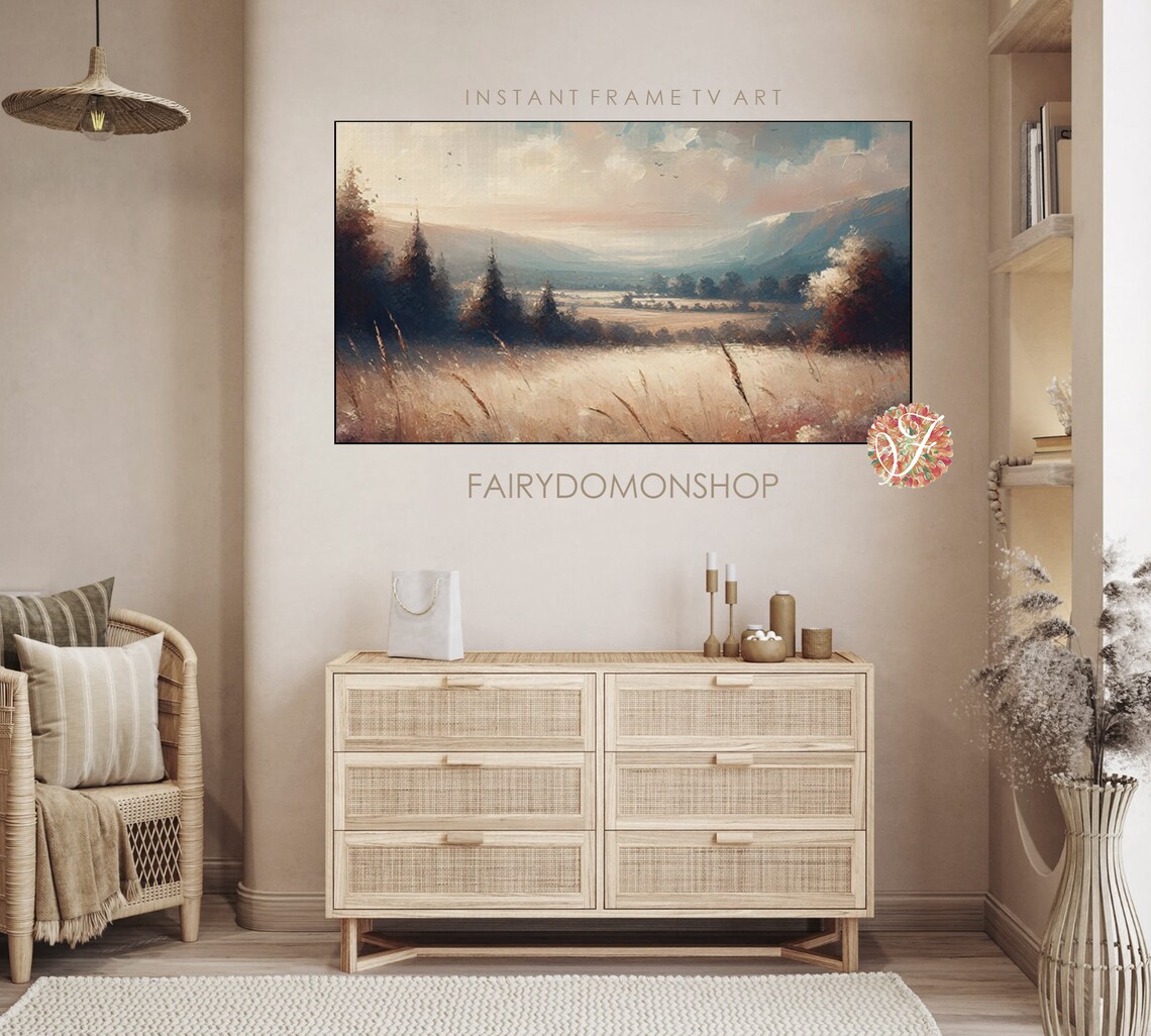 Golden Wheat Field Pines Distant Mountains Oil Painting Poster - Image 3