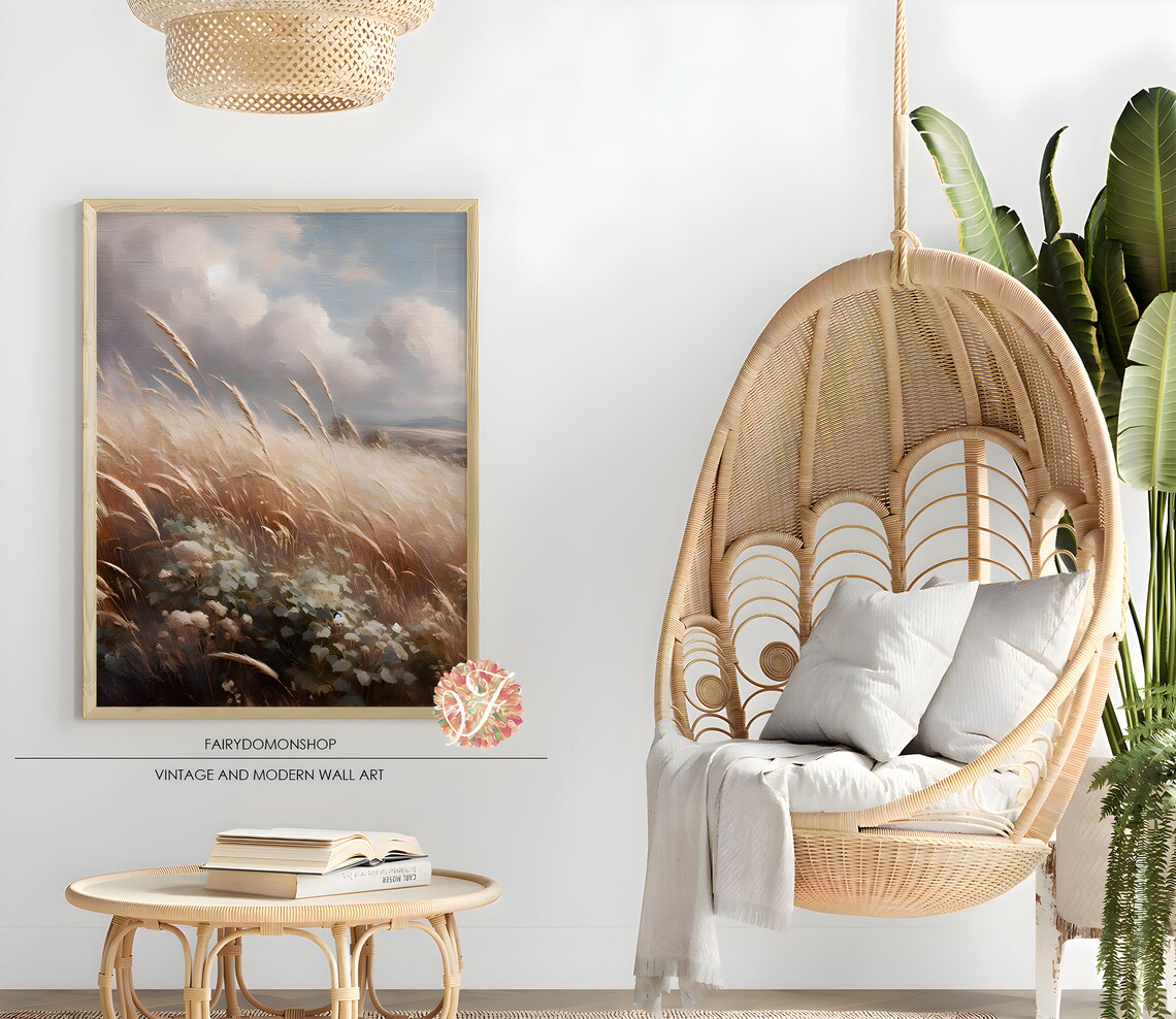 Golden Wheat Field Wildflowers Dramatic Sky Oil Painting Poster - Image 2