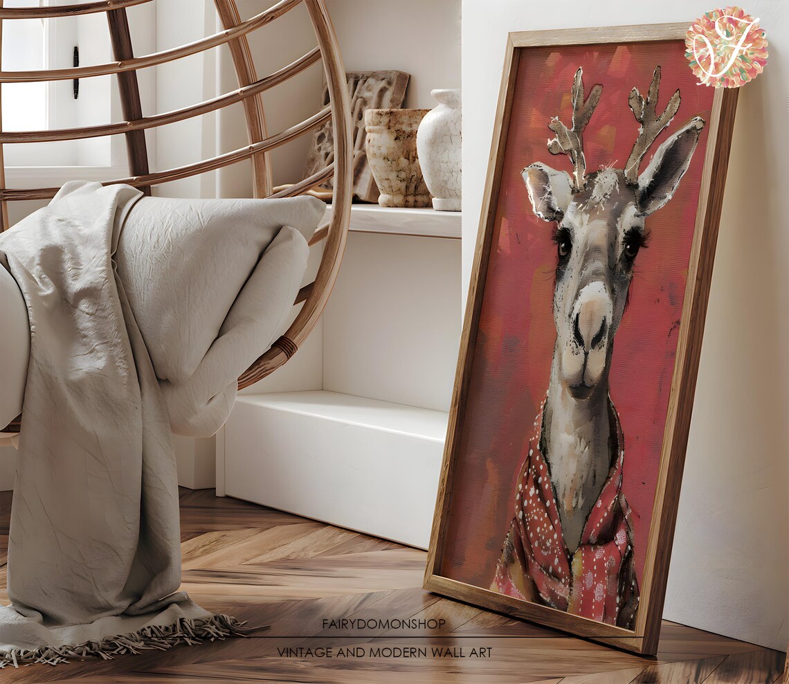 Deer Portrait Red Scarf Poster Bold Crimson Watercolor Holiday Decor - Image 3