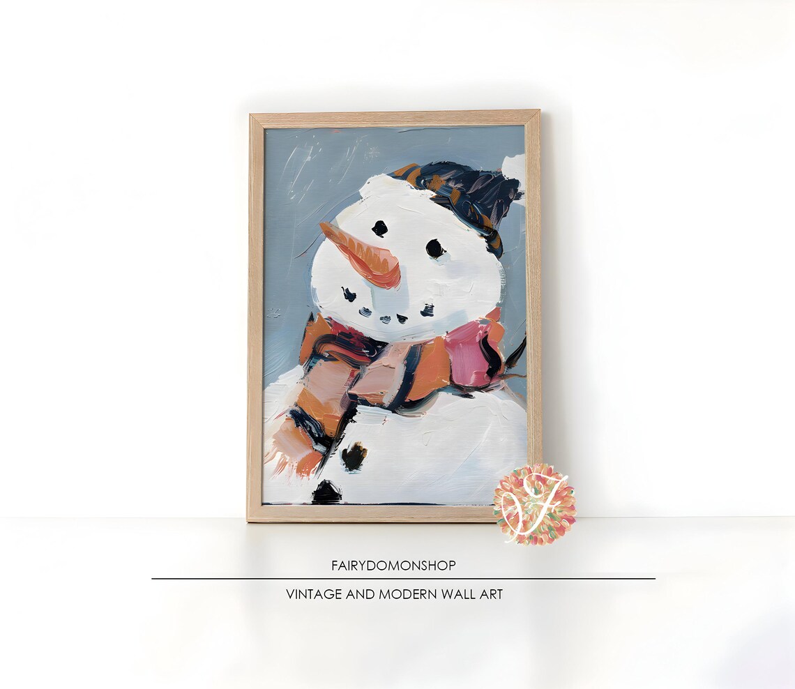 Happy Snowman Carrot Nose Poster Striped Hat Winter Holiday Decor Art