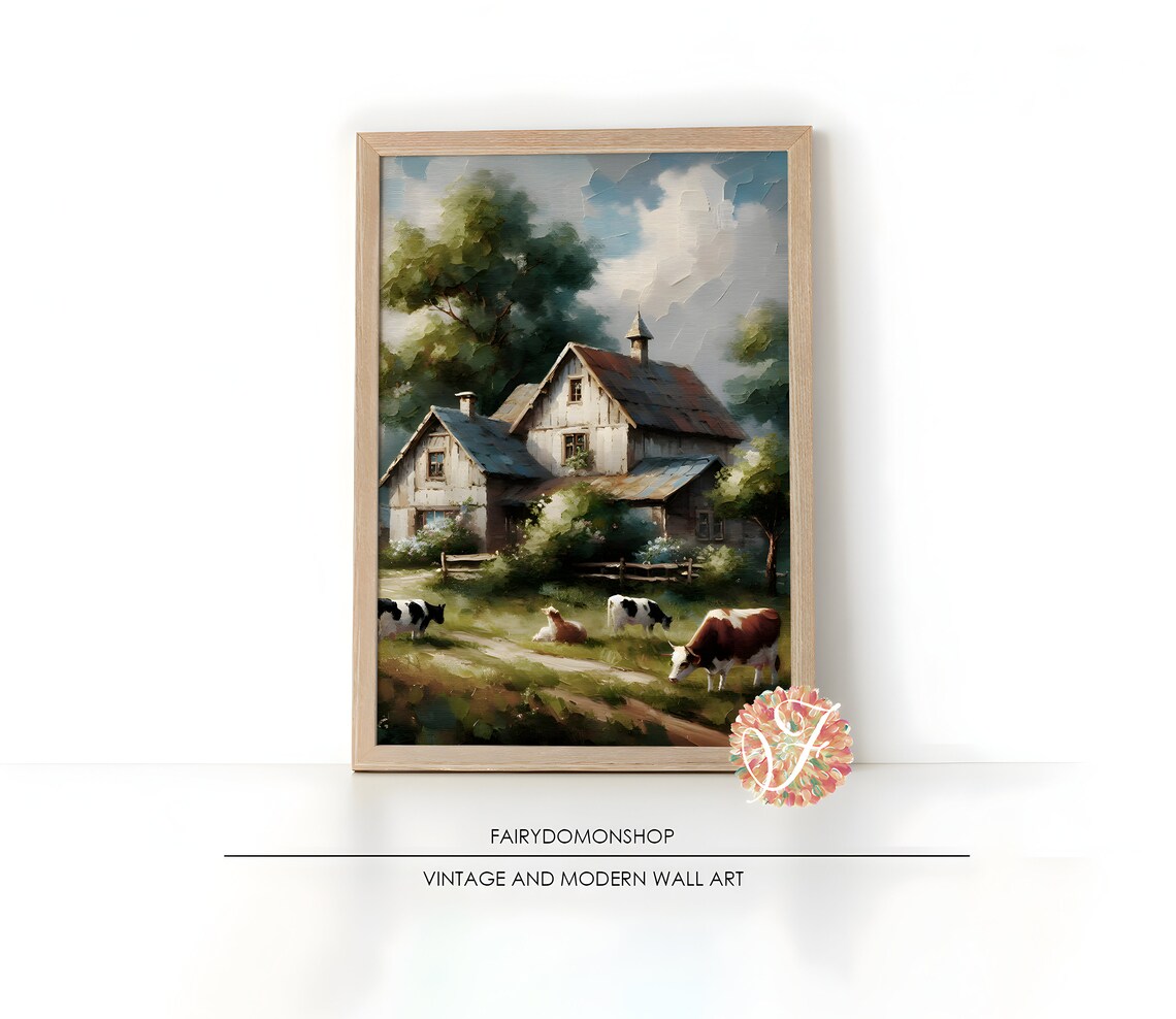 Rustic Farmhouse Cows Grazing Country Barn Scene Painting Poster