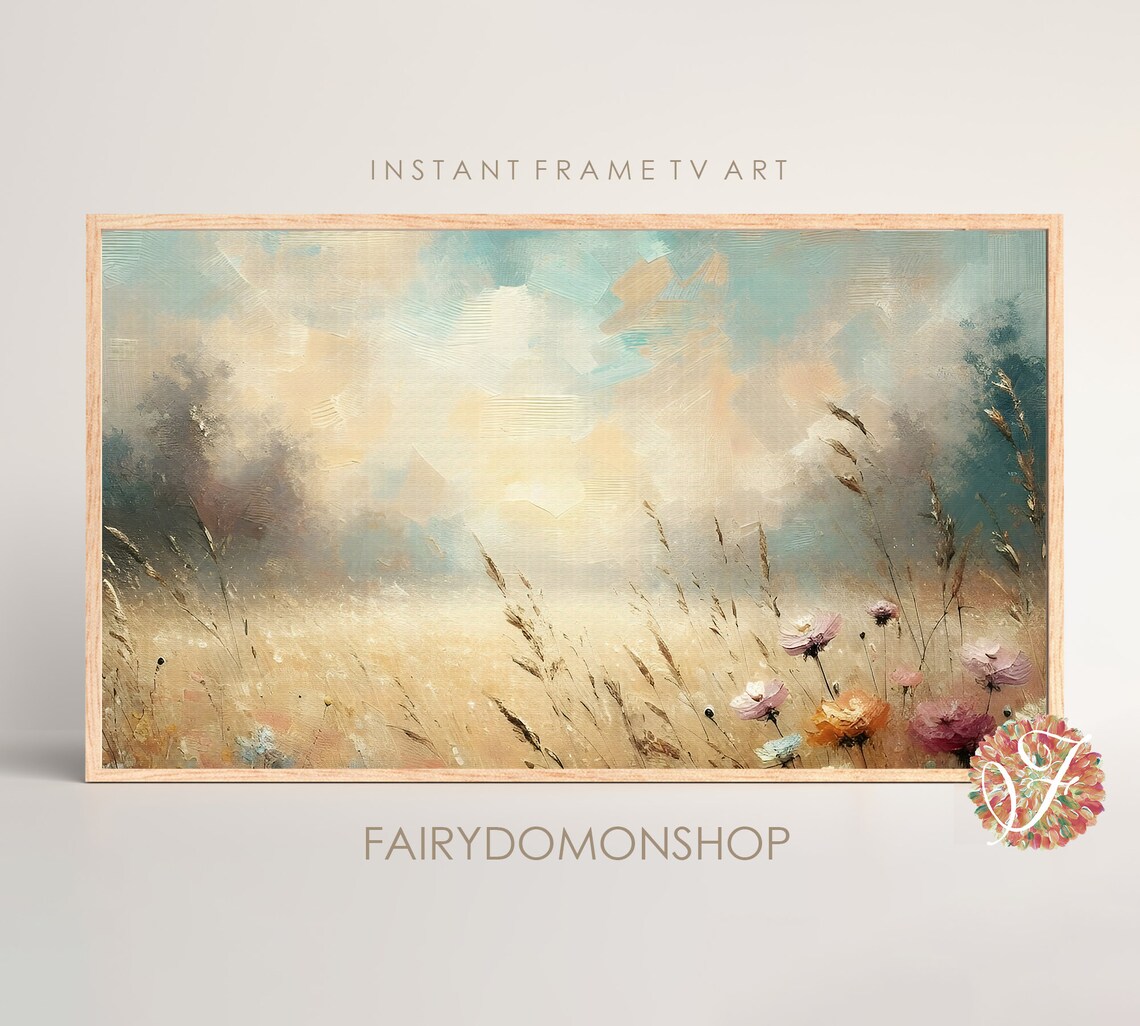 Golden Grass Field Turquoise Sky Wildflowers Oil Painting Poster