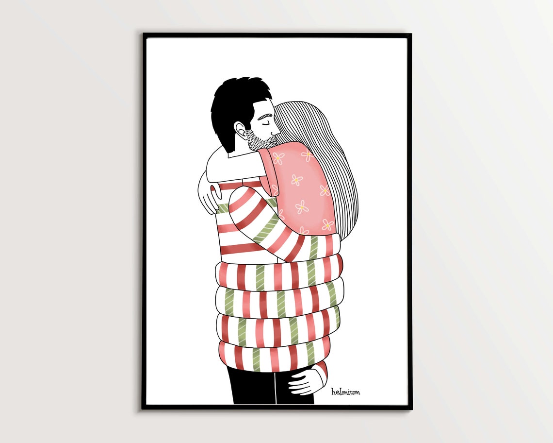 Couple Hugging Wrapped in a Striped Pink and Green Scarf Poster