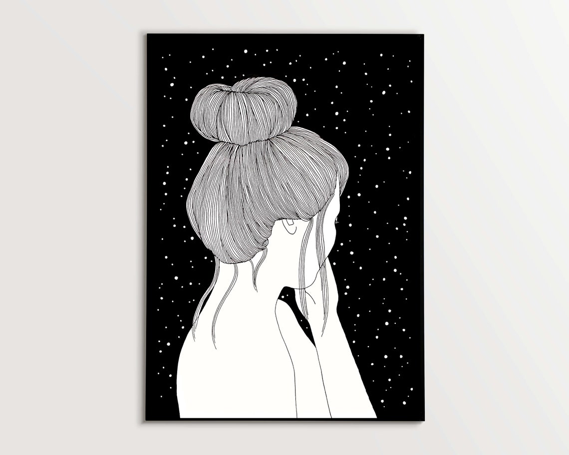 Quiet Woman From Behind With Hair Bun Under a Starry Night Poster