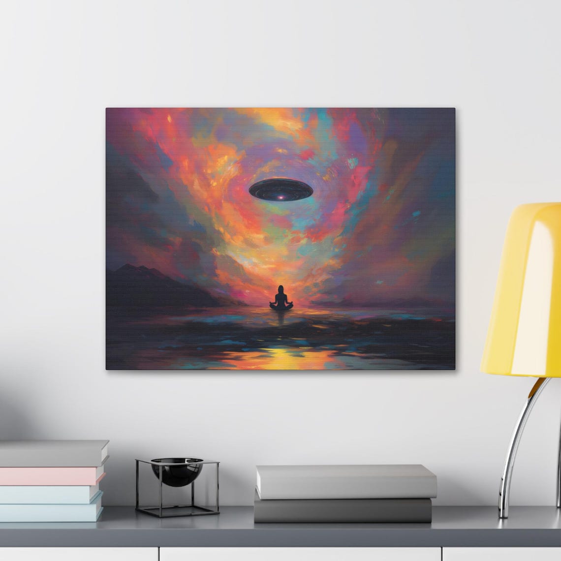 Meditating Silhouette Beneath UFO in Swirling Cosmic Sky Poster - Image 2