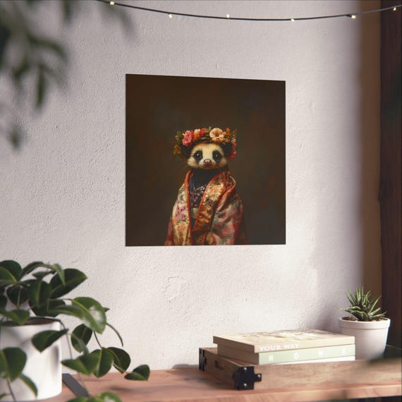 Maximalist Eclectic Possum Fashionista Poster Print Bold Altered Animal Portrait Fantasy Fun Colorful Flowery Rustic Vintage Floral Art