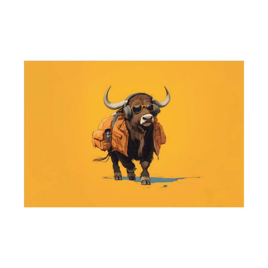 Funky Buffalo in Sunglasses Headphones Yellow Backdrop Poster - Image 2