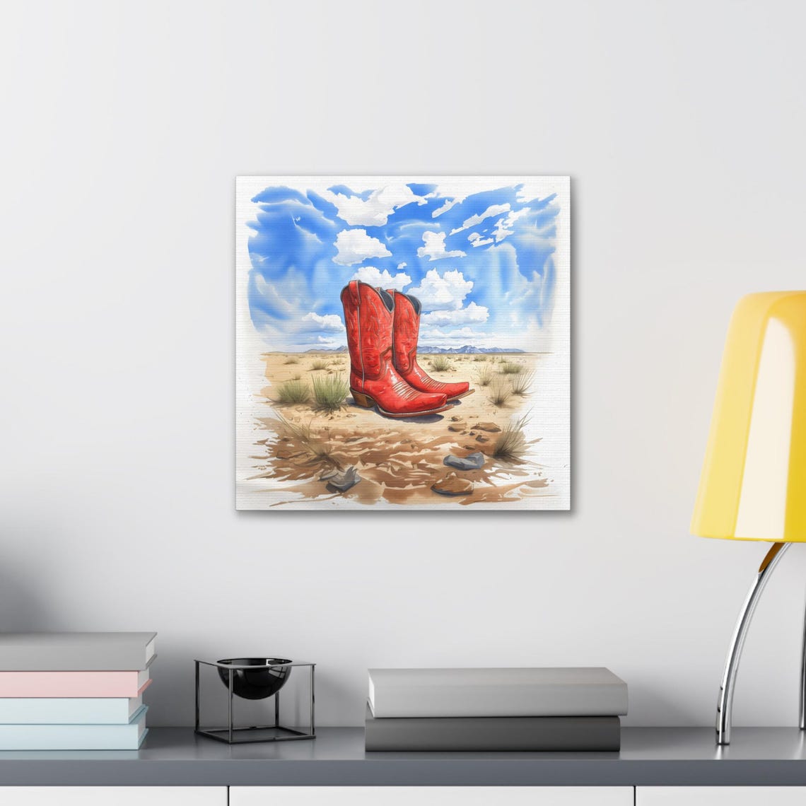 Bright Red Cowboy Boots Desert Sky Bold Western Watercolor Poster - Image 2