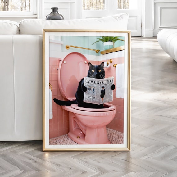 Bathroom Cat Print, Funny Black Cat Toilet Poster
