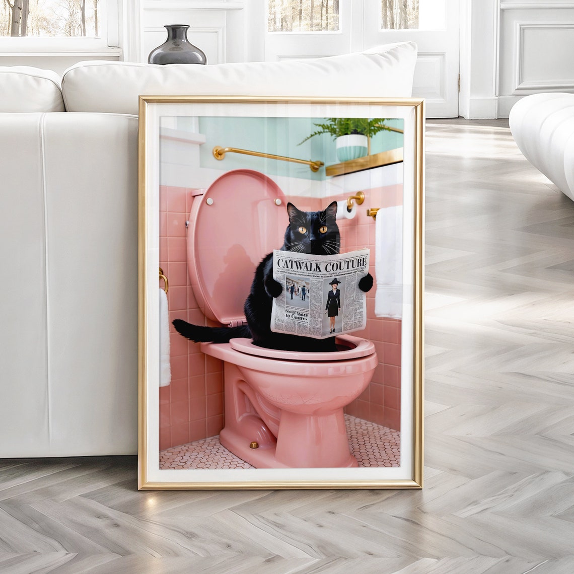 Bathroom Cat Print, Funny Black Cat Toilet Poster